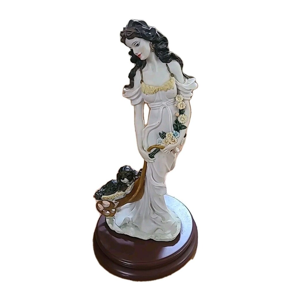 Art Deco* FIGURINE LADY Holding Flowers & DOG In Wheeled Basket*16 In Tall*VTG